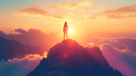 A woman on a mountaintop celebrates her triumph, in the spirit of adventure, against the backdrop of a stunning sunriseの素材