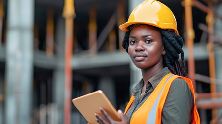 Confident female civil engineer with drawings on a busy construction site, showing leadership and experience in the field. Womens work and professionalism, equalityの素材