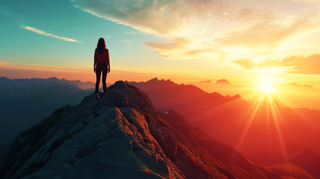A woman on a mountaintop celebrates her triumph, in the spirit of adventure, against the backdrop of a stunning sunriseの素材