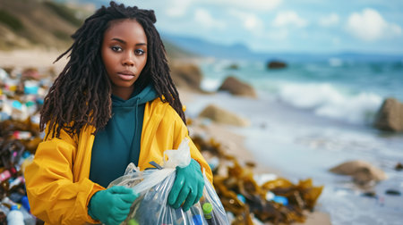 An African American woman volunteer in bright yellow jacket collects plastic trash on beach, showing her commitment to cleaning up environment and preserving oceanの素材