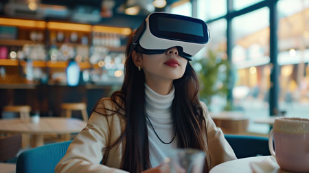 A young girl experiences virtual reality in quiet cozy cafe. Modern innovative technologies in everyday life, education, entertainment, psychological rebootの素材