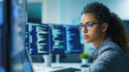 Focused dark-skinned female programmer working hard in a darkened office illuminated by the light of computer screens, representing dedication to the high tech industryの素材
