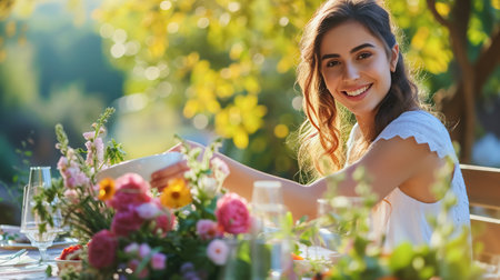 A joyful woman enjoys sunny garden party and reaches for food at a table decorated with flowers. Holiday dinner in backyard, family traditionsの素材