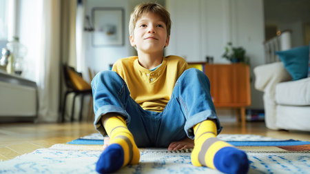An autistic child sits on the floor in a childrens room wearing bright yellow-blue socks. Concept of childrens health, prevention, world autism awareness day, special educationの素材