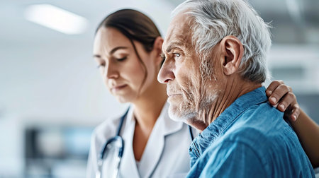 An elderly man in thoughtful pose with caring nurse offering support in a clinical setting. Man with Parkinsons disease, face without emotion syndromeの素材