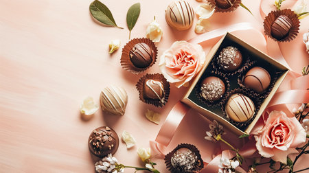 A set of chocolates in an open craft box decorated with a satin ribbon, festive pastel peach trendy backgroundの素材