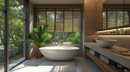 A bright and airy bathroom with free-standing bathtub, set against backdrop of wood accents on walls and lush greeneryの素材