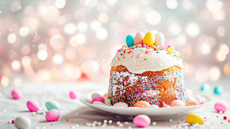 Colorfully decorated Easter cake with icing and sprinkles, surrounded by pastel colored eggs, festive backgroundの素材