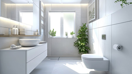 Sun-drenched bathroom with white subway tiles, toilet and sink next to a potted plant. Interior design, cozy lifestyleの素材