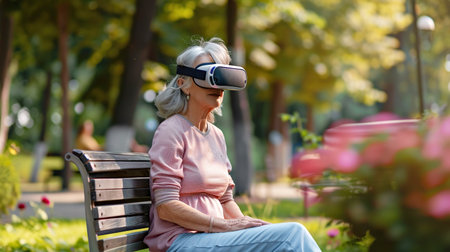 An elderly woman sits on bench wearing VR headset glasses, virtual reality. A man with Parkinsons disease walking in a city parkの素材