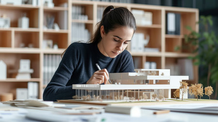 A female architect carefully examines detailed architectural models, demonstrating the creativity and precision of urban planningの素材