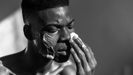 A dark-skinned young man deeply cleanses his face with foam, emphasizing the importance of skin care. Soft masculinity, daily self-care, mens cosmetologyの素材