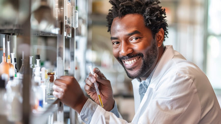 Cheerful black male scientist in white lab coat examining a test tube, sample in a brightly lit laboratory environment, showing innovation and expertiseの写真素材