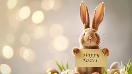 Cute Easter bunny holding a sign with the text Happy Easter, with festive colorful eggs and soft bokeh lightsの素材