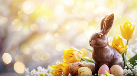 Easter adorable elegant chocolate bunny with many speckled Easter eggs on a background of tulips. Festive spring cardの素材