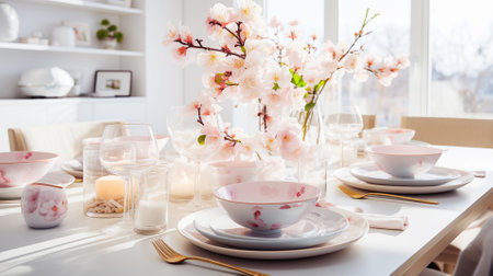 Modern kitchen with set of dishes pastel pink and cherry blossoms. Festive spring table setting in bright cozy kitchenの素材