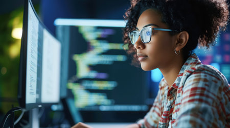 Focused dark-skinned female programmer working hard in a darkened office illuminated by the light of computer screens, representing dedication to the high tech industryの素材