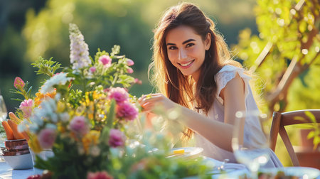 A sweet young woman with beaming smile enjoys a sun-drenched garden surrounded by colorful flower arrangements. Holiday party in the backyardの素材