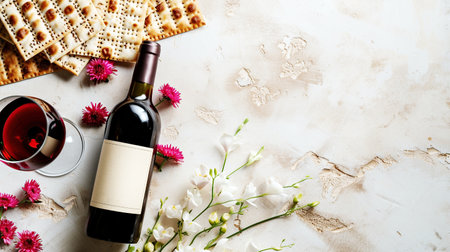 Elegant Passover celebration setting with wine, matzo and spring flowers on marble table, top view. Religious Jewish Passover conceptの素材