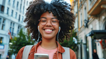 Happy young African woman wearing headphones and holding phone, looking at camera and smiling, walking along a busy city street. Modern communication, lifestyle and travelの素材