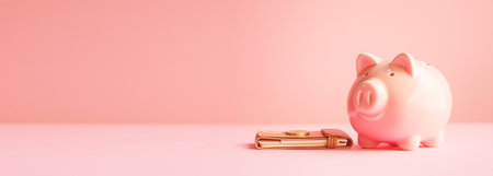 Minimalist personal finance image: empty leather wallet and ceramic piggy bank , pastel pink background, symbolizing a savings strategyの素材