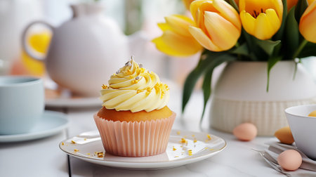 Vanilla cupcakes with creamy filling next to a bouquet of yellow tulips on a festively served table. Spring compositionの素材