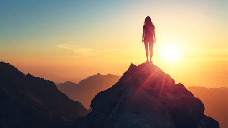 Photo pour A woman on a mountaintop celebrates her triumph, in the spirit of adventure, against the backdrop of a stunning sunrise - image libre de droit