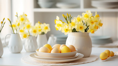 Spring holiday composition for Easter, Bright yellow daffodils with painted eggs on white kitchen table, bright daylightの素材