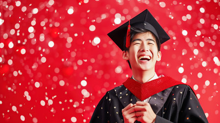 Emotional joyful Asian graduate in a traditional black robe, graduation dress, on a red background with flying confetti. Graduation, the end of student lifeの素材