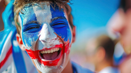 A joyful young guy with a face painted in blue and red colors, fan of Olympic sports competitions in Parisの素材