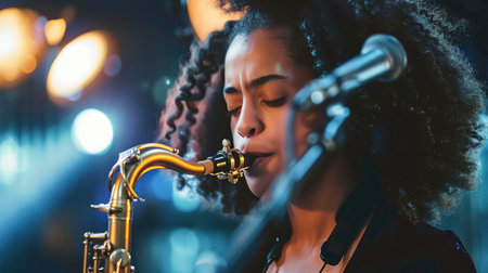 A jazz artist, a black woman is engrossed in playing the saxophone on brightly lit stage. Music festival concept, jazz recognition monthの素材