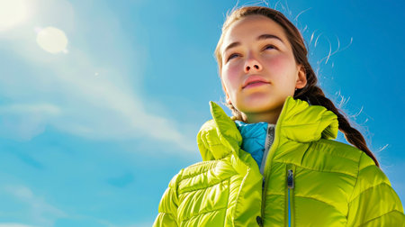 Thoughtful girl in bright green jacket against clear blue skyの素材