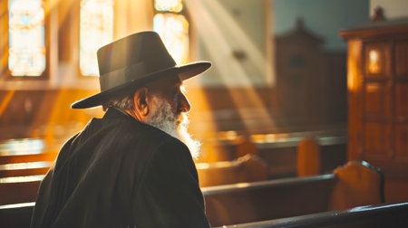 Elderly man in hat sitting in sunlit church amidst wooden pews at sunset. Concept of Jewish New Year holiday Rosh Hashanahの素材