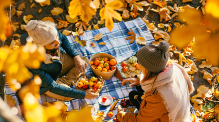 Autumn picnic in park with friends enjoying seasonal fruits and warm drinksの素材