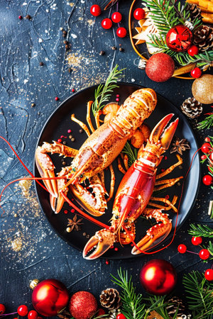Festive holiday lobster dish with Christmas decor and seasonal elementsの素材