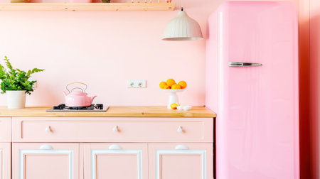 Pastel pink kitchen with retro fridge and wooden countertopの素材