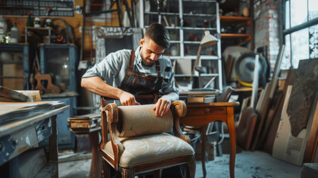 Craftsman restoring antique chair in workshop filled with tools and woodの素材