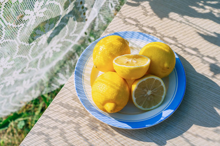 Fresh lemons on blue plate in sunlit outdoor settingの写真素材