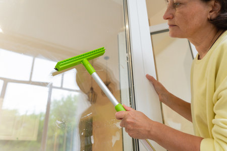 Mature female cleaning windows with green squeegee at home. Cleaning and professional house...