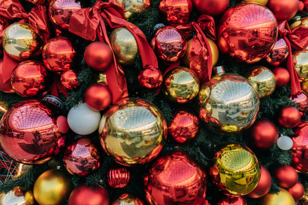 Festive red and gold christmas ornaments on evergreen tree, festive sparkling backgroundの写真素材