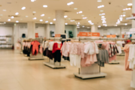 Blurred view of childrens clothing section in a department storeの写真素材