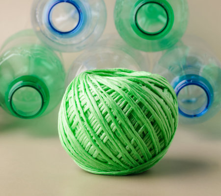 Green yarn ball and plastic bottles representing recycling