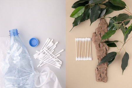 Comparing plastic items like bottles and cotton swabs with biodegradable bamboo cotton swabs and...