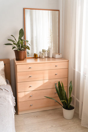 Wooden dresser in a modern bedroom interior, displaying a mirror, decorative plant, and various...