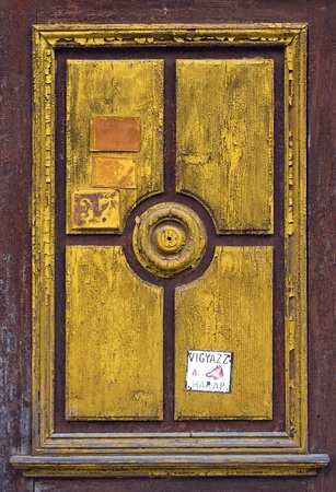 Carved wood panel of an old, painted doorの写真素材