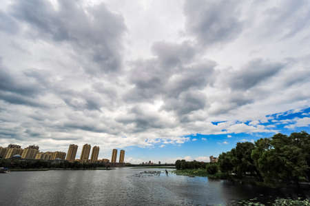 Beautiful urban park scenery with blue sky and white clouds in Luannan County, Hebei Provinceのeditorial素材