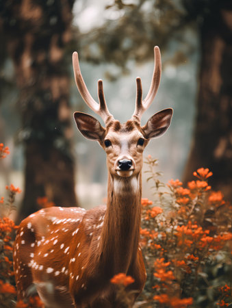 Wild deer in the forest. Wildlife scene from nature. Deer in the wild.の素材