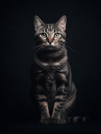 Studio portrait of a beautiful tabby cat on a black background.の素材