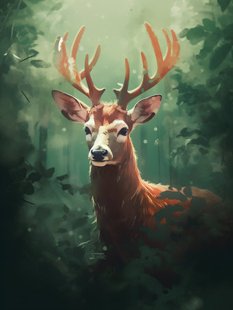 Digital painting of a deer with antlers in the forest, illustrationの素材