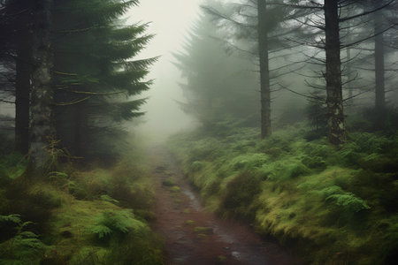 Foggy path in the forest with pine trees and fernsの素材